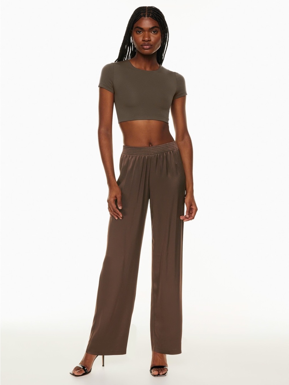 Babaton Tribute Satin Pant in Coffee Bean Mid-Rise Wide-Leg Elastic Aritzia